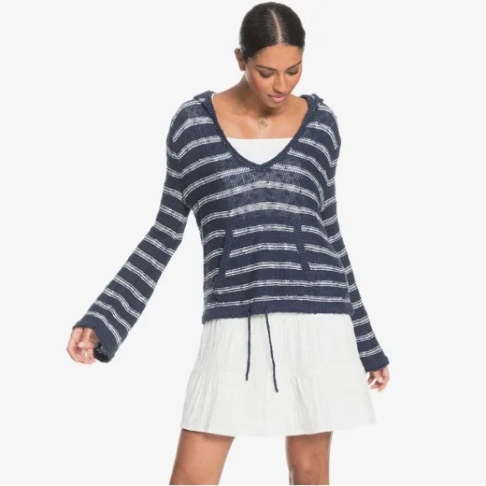 Roxy “hang with you” navy blue white striped hooded poncho sweater
